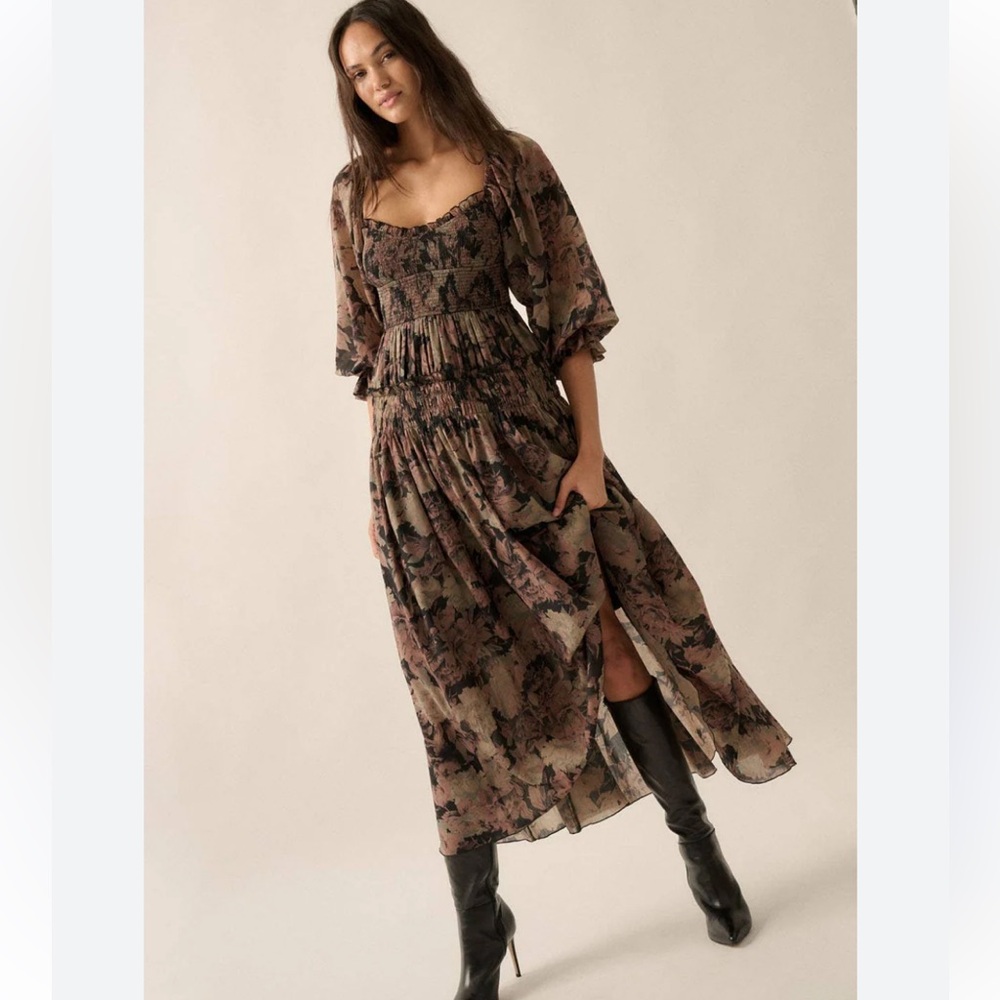 Floral Smocked Maxi Dress in Brown and Black
